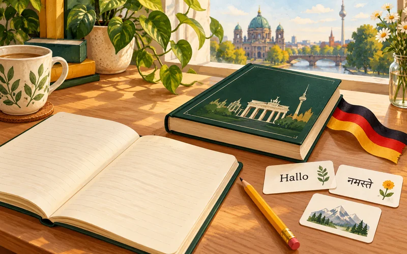 A German language study book with Hallo and नमस्ते vocabulary cards