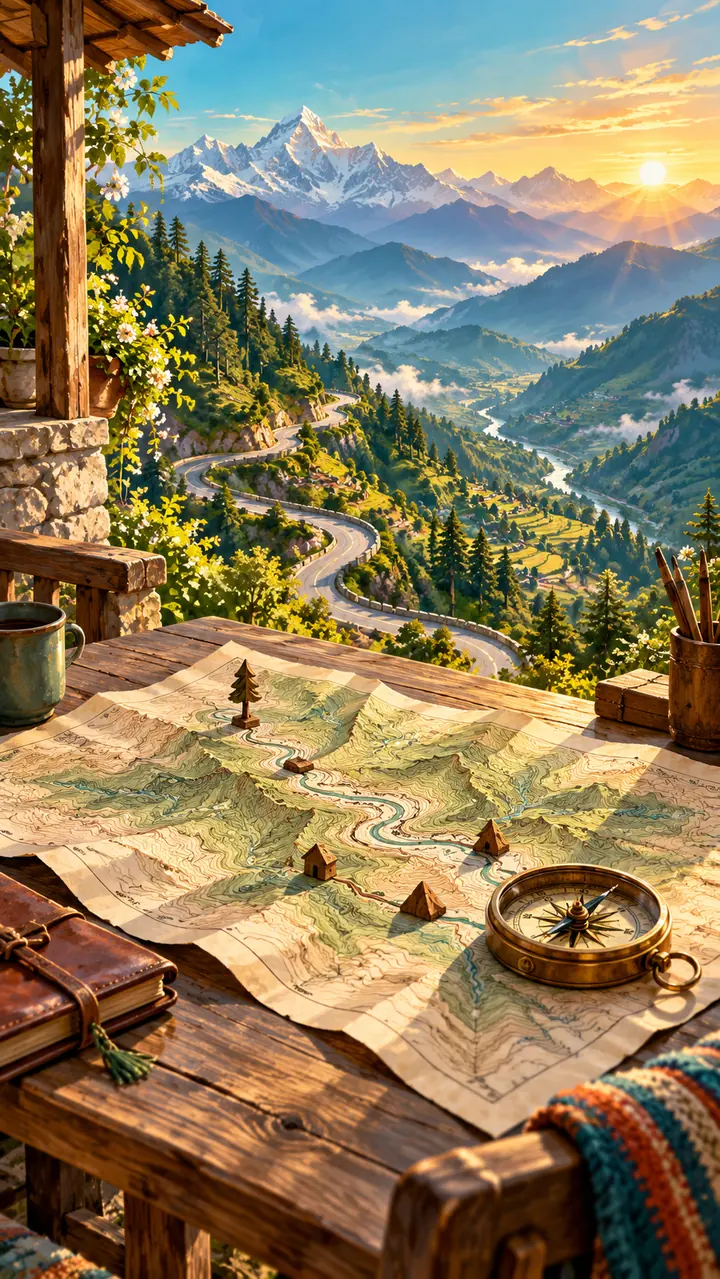 Reading a map and planning a hill route: a conceptual illustration, not a navigation map