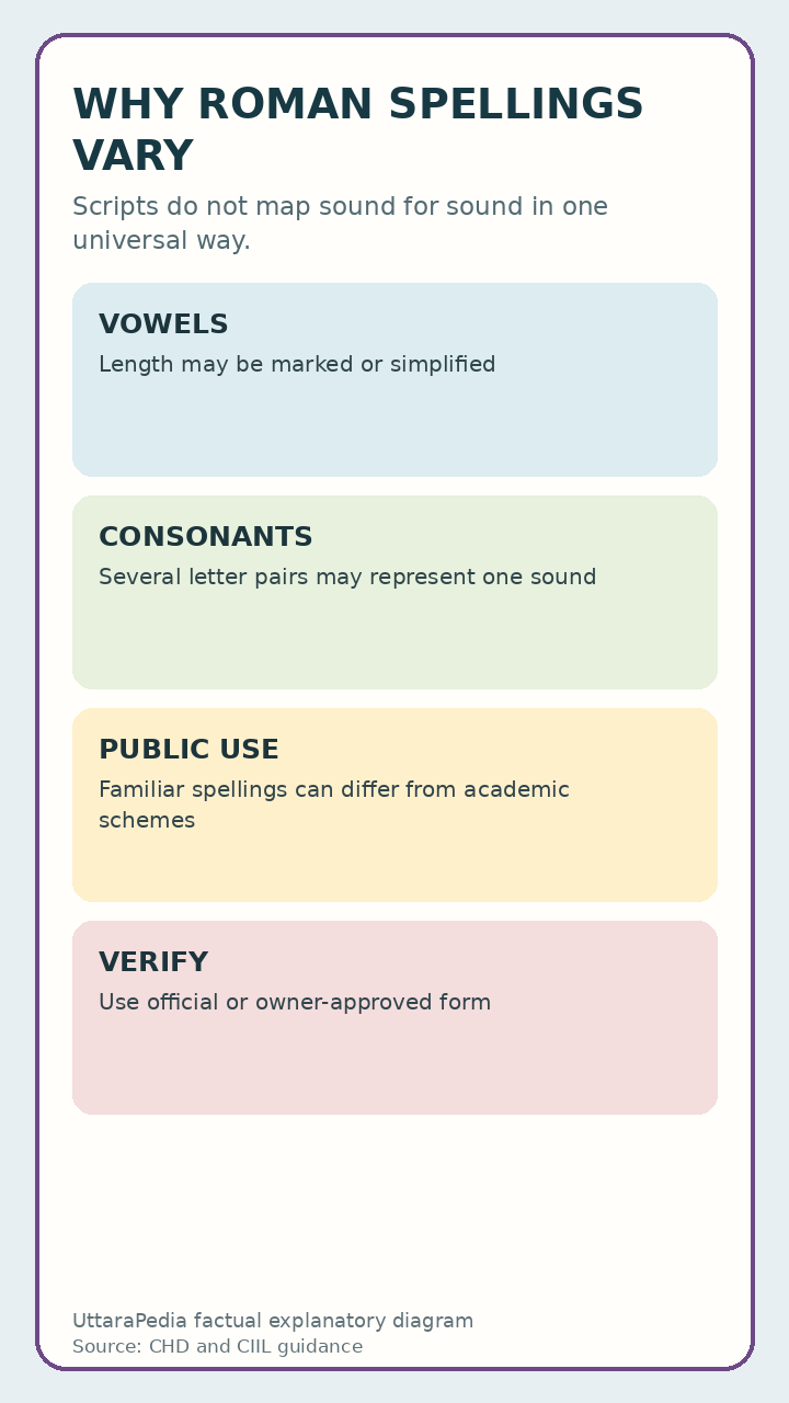 UttaraPedia explanatory diagram for why one indian name can have several roman spellings